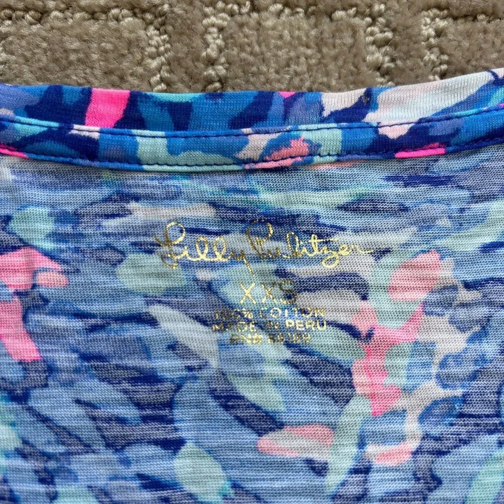 Lilly Pulitzer Etta V-Neck Cotton Shirt XXS Beachy Colorful Vacation 3/4 Sleeve